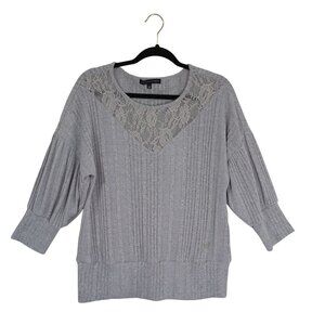 Adrienne Vittadini Gray Ribbed Sweaters Top Lace Detail 3/4 Sleeves Womens Sz L
